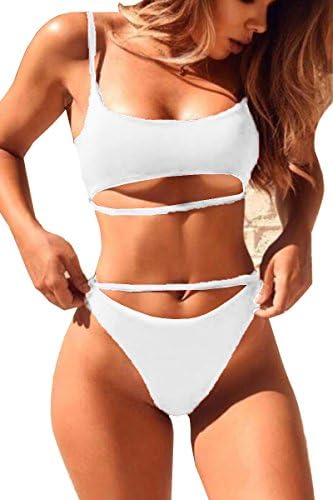 ESONLAR Sexy Two Piece Swimwear for Women Spaghetti Strap Crop Top High Cut Thong Brazilian 2PCS Bikini Bathing Suit White S