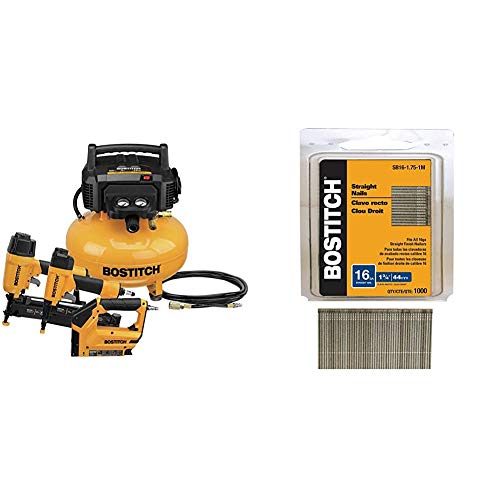 Kit combinado de compresor de aire BOSTITCH, 3 herramientas (BTFP3KIT) y clavos de acabado, brillante, 1-3 / 4 pulgadas, 16GA, 1000 por caja (SB16-1.75-1M)