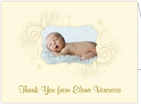 Accent Swirls with Crosses Photo Baptism Christening Thank You Cards - Set of 20
