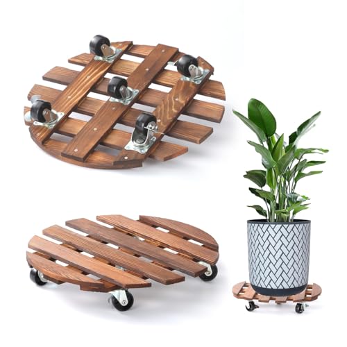 Plant Caddy, 2 PCS 14" with 5 Wheels, Rolling Plant Stand 220 LB Heavy Duty, Wooden Plant Dolly with Metal 360° Lockable Caster Wheels, for Outdoor Indoor Large Plant Pots, Flower Pot, Patio (Round)