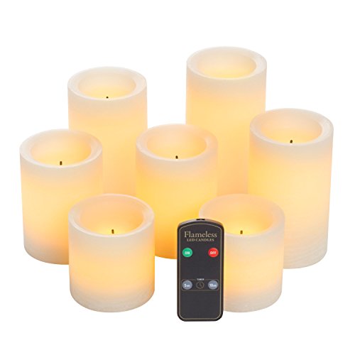 Real Wax Rustic Finish Flameless Candle Set w/Dual Timer Feature and Remote Control - Duracell Batteries Included - Set of 7