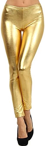 Styleyet Women Liquid Wet Look Shiny Metallic Stretch Footless Leggings (Small, Gold)