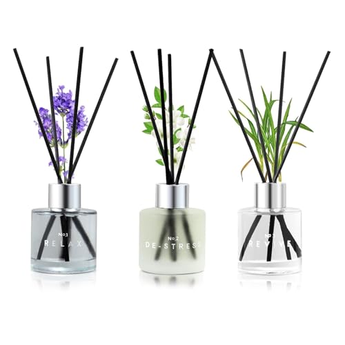 3 Pack Reed Diffuser Set,50ML Lavender Jasmine Lemongrass Aromatherapy Essential Oil Diffuser with 12 Black Fiber Sticks,Air Freshener Sticks Diffuser for Bathroom– Long Lasting Scent Diffuser Sticks