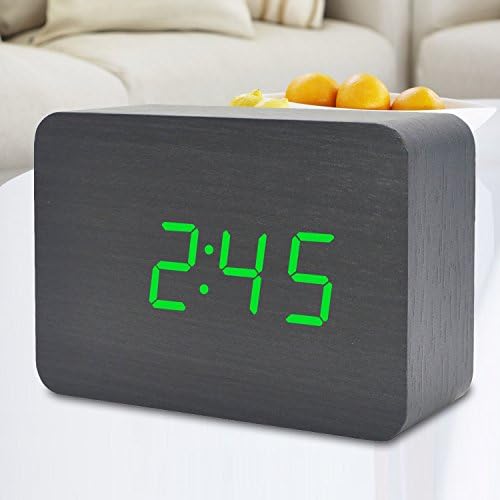 Wooden Alarm Clock LED Electronic Digital Desktop Time Temperature Calendar Classic Home Bedroom Bedside Travel Clocks with Sound Control Function (Black Wood Green Light)