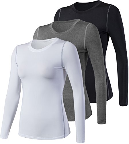 Lavento Women's Compression Shirts Long Sleeve Workout Shirts (Medium,3 Pack-Black/Heather Gray/White)