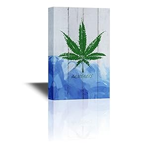 Canvas Wall Art - Green Leaf on Wooden Style Background with The Word Cannabis - Gallery Wrap Modern Home Art | Ready to Hang - 12x18 inches