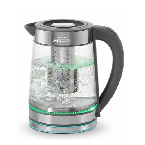 JadeCook | Tetera Eléctrica Hervidor de Agua con Infusor Jade Electro| Jarra de Vidrio de 1.7 Litros | Potencia de 1000w | Base Giratoria | Ideal para Café, Té
