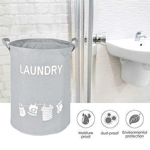 HOULIFE Laundry Basket, Oxford Fabric Collapsible Waterproof Laundry Hamper Bag Storage Basket with Handles Foldable Round Home Organizer Laundry Bin for Baby Nursery Storage Toys (Gray)