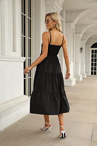 Women\'s Summer Maxi Dress Casual Bohemian Floral Flowy Smocked Sundress Tiered Swing A Line Tiered Cocktail Sleeveless Black
