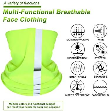 Reflective colorful scarf worn around neck in front of doors, suitable for outdoor activities.