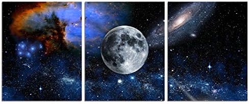 Wall Decor Galaxy Moon Painting - Black and White Canvas Wall Art Space Print for Living Room/Blue Starlight Nursery Decor Artwork / 3 Pieces 8x10 Inches Unframed Pictures for Bathroom Decor