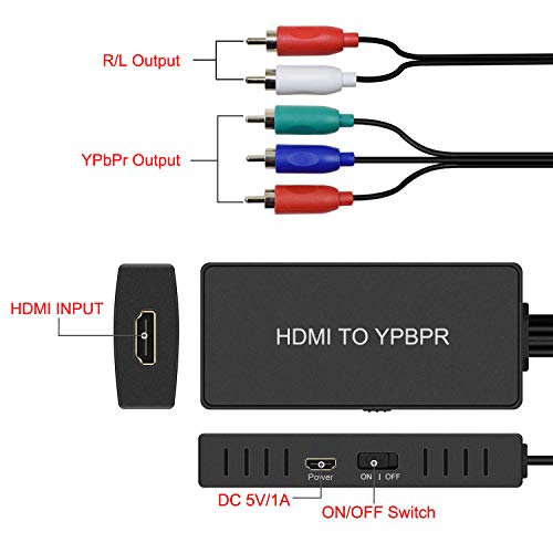 HDMI to Component Converter, HDMI to YPbPr Adapter Converter, HDMI to 5RCA RGB Converter for PC, Xbox, PS3, Roku, Fire Stick, Apple TV, DVD Players