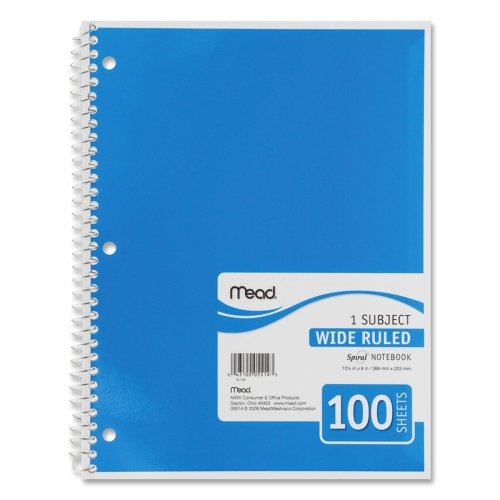 Wholesale CASE of 25 - Mead Spiral Bound Notebooks-Spiral Notebook,1-Subject,Wide Rule,100 Sh,10-1/2"x8",Ast.