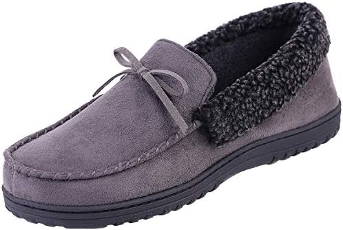 HomeIdeas Men's Faux Fur Lined Suede Comfort House Slippers, Anti-Slip Cozy Indoor/Outdoor Moccasin Shoes