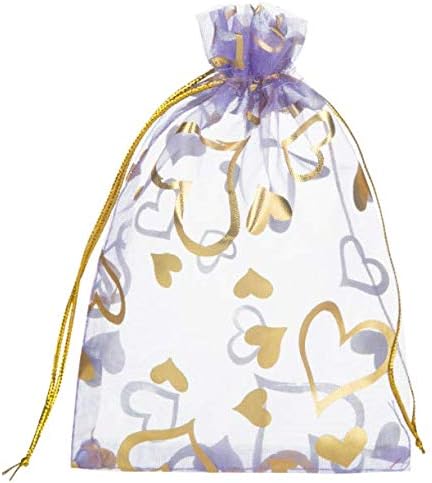 Lanswe 100 Pack Sheer Organza Drawstring Bags Heart Floral Print Jewelry Pouches Candy Gift Bags Wedding Party Favor Mesh Christmas Pouches (Lavender, 5''x7'')