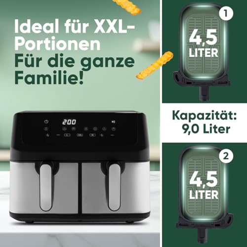 ProfiCook® Heißluftfritteuse 2 Kammern | Airfryer | 9 Liter | Heißluftfritteuse mit Zeitgleich-fertig-System | ohne Fett frittieren | Heissluftfritteuse | Behälter mit Antihaft | PC FR 1296 H