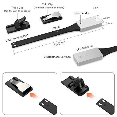 Simpeak Book Light, Clip on Warm Led Reading Light USB Rechargeable, 50 Lumens 3 Brightness Level Reading Lamp for Amazon Kindle/eBook Reader/Books
