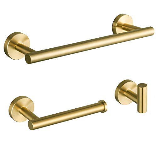 GAPPO 3-Pieces Bathroom Hardware Accessories Sets Brushed Gold SUS304 Stainless Steel Wall Mounted Towel Bar Robe Holder Hook Toilet Paper Holder