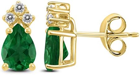 14k イエローゴールド 5x3mm ペアエメラルドとダイヤモンドイヤリング