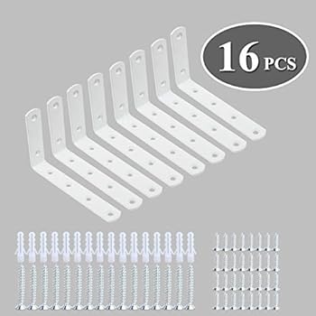 Shelf Brackets 16pcs Corner Brace Black Steel L Brackets for Shelves 5 Inch x 3 Inch Decorative Corner Brackets for Wall Joint Angle Brackets for Shelf with Screws (White-3x5 inch-16pcs)