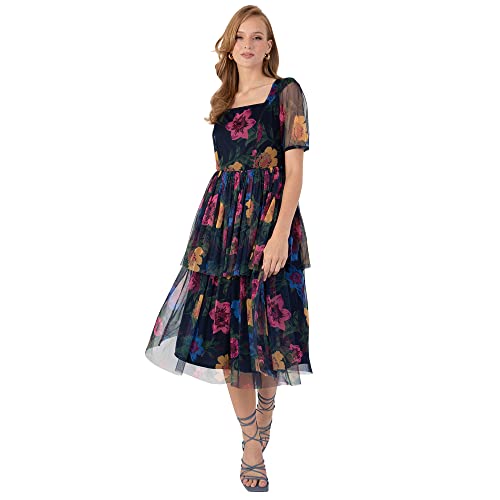 Anaya with Love Womens Ladies Midi Dress for Wedding Guest Floral Puffed Short Sleeve Tiered Open Back Square Neckline Bridesmaid Prom Vestire, 42 da Donna