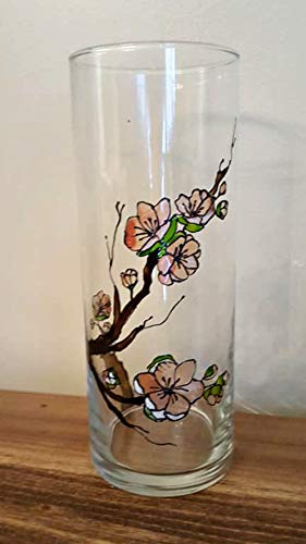 Cherry Tree Flower Blossom Hand Painted Stained Glass Cylinder Vase, Candle Holder, Floral Decor - Thumbnail 6