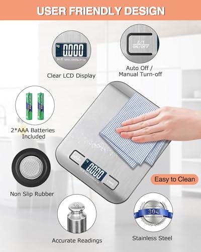 Digital Kitchen Scales with LCD Display and Tare Function, Precise 1 g Measurement for Baking and Cooking, Silver, Mechanical Kitchen Scales