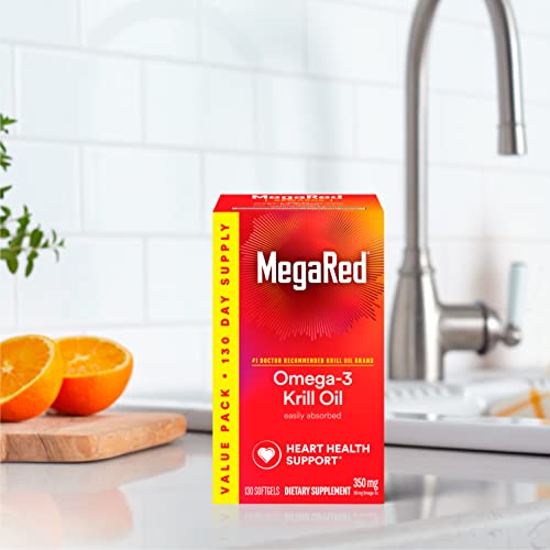 MEGARED – OMEGA-3 KRILL OIL 350MG SOFTGELS (130 COUNT IN A BOTTLE), EPA & DHA OMEGA-3 FATTY ACIDS WITH NO FISHY AFTERTASTE UNLIKE FISH OIL, CONTAINS ANTIOXIDANT ASTAXANTHIN