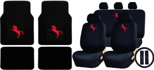 U.a.a. Inc. 18pc Red Mustang Pony Logo Carpet Floor Mats &amp; Low Back Seat Covers, Rear Bench Cover w/ 3 Headrests, Steering Wheel Cover &amp; Shoulder Pads