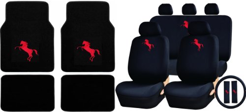 U.a.a. Inc. 18pc Red Mustang Pony Logo Carpet Floor Mats & Low Back Seat Covers, Rear Bench Cover w/ 3 Headrests, Steering Wheel Cover & Shoulder Pads
