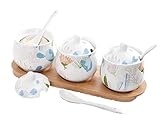 Ceramic Food Storage Porcelain Condiment Container Spice Jar with Lids - Ceramic Serving Spoon, Wooden Tray - Pottery Cruet Pot,Seasoning, Sugar, Coffee, Salt, 8.8OZ (250ML), Set of 3 (Garden)