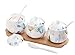Ceramic Food Storage Porcelain Condiment Container Spice Jar with Lids - Ceramic Serving Spoon, Wooden Tray - Pottery Cruet Pot,Seasoning, Sugar, Coffee, Salt, 8.8OZ (250ML), Set of 3 (Garden)