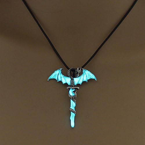 Winnerbe Halloween Vintage Luminous Pendant Necklace Sword Dragon Punk Men Jewelry (Silver & Ocean Blue)