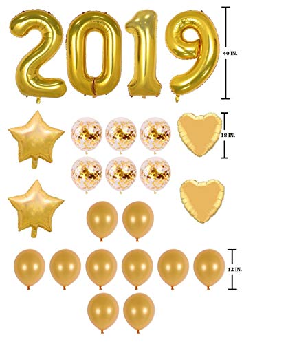 iFavor123 Bundle Set of 24 Balloons for New Yearâ€™s Holiday Graduation Anniversary Birthday Party Year 2019 Celebration Balloon Kit Decoration (Gold)
