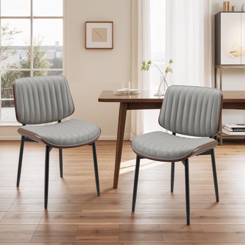 COLAMY Esszimmerstuhl 2er Set, Esszimmer- und Küchenstühle, Gepolsterte Stühle im Mid-Century-Modern-Stil mit Walnuss-Bugholz und Metallbeinen,Grau