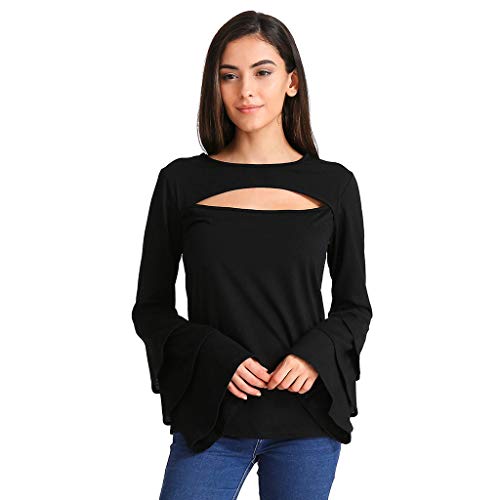 Women Tops,Caopixx Women's Solid Color Long Ruffle Sleeve O-Neck T-Shirt Blouse