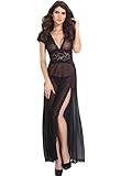 Amoretu Womens Sheer Lace V Neck Gown Dress Maxi Lingerie Set, Black, One Size
