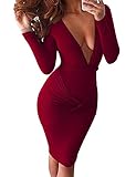 Allegrace Women Sexy Wrap V Neck Long Sleeve Stretch Bodycon Party Bandage Dresses Wine Red L
