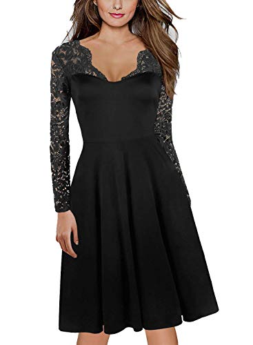 Knee-Length Autumn Dresses for Women's Vintage 1940 50s 60s Lace Long Sleeve Stretch Casual Party Swing A-Line Dress 189 (M, Black)