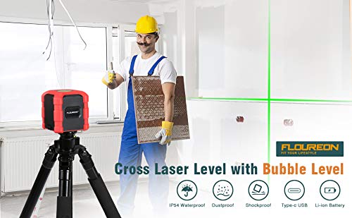 FLOUREON Laser Level Self-Leveling Horizontal and Vertical Cross-Line Laser Green Beam Laser Level With Bubble Level Dual Ways to Charge, Type-C Charging IP54 Waterproof Dustproof, Shockproof