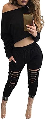 Women' Sexy Long Sleeve Ripped Sweatshirt and Pants Casual Off Shoulder Sweatpants Set