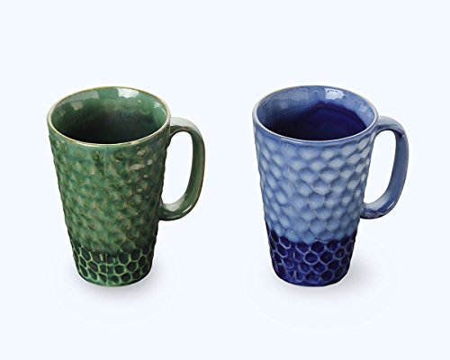 Store Indya Set of 2 Handmade Ceramic Coffee Milk Cup Mug Diamond Design Studio Pottery Home Office Kitchen Dining Serveware Accessories (Blue & Green)