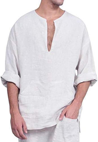 Mens Cotton Linen Loose Solid Long Sleeve Kaft Thai Top Shirt Pullover Blouse