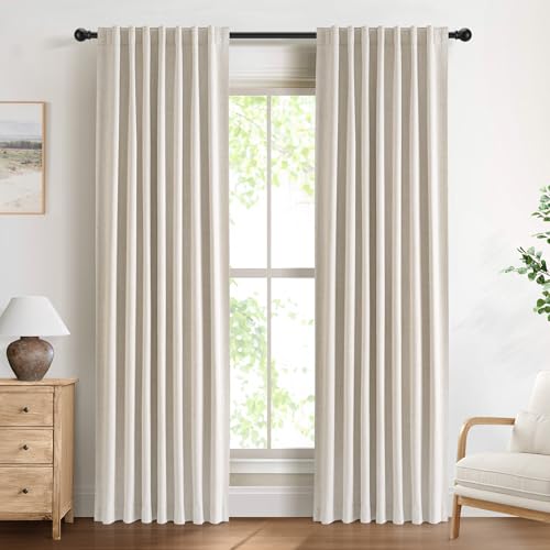DEFYNEE 100% Blackout Curtains with Concealed Tabs, Linen Look Set of 2 Opaque Curtains Rod Pocket for Bedroom or Living Room - H245 x W140 cm, Cream