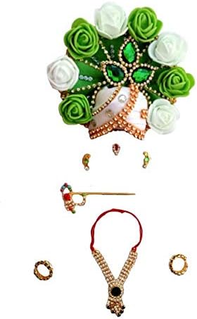 NandAnand Ladoo Gopal Designer Flower Mukut Pagdi and Shringar Accessories Set | Laddu Gopal Krishna Mukut Set (Size: 5, Color: Green and White) - Pack of 6