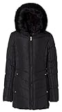 Sportoli Junior Women's Winter Plush Lined Midlength Puffer Coat with Fur Trimmed Hood - Jet Black (Medium)