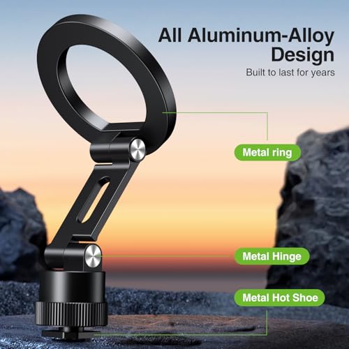 elitehood Magnetic Phone Tripod Mount for Magsafe, Aluminum iPhone Tripod Mount Adapter with 1/4” Screw, Cold Shoe Phone Mount for Camera, iPhone 16/15/14/13 Series