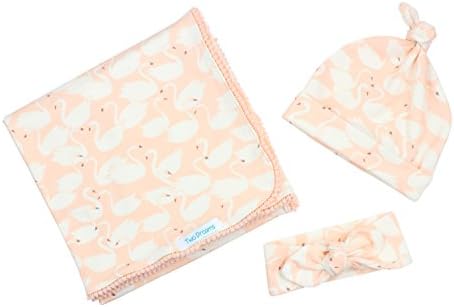 ORGANIC Peach Swans Newborn Swaddle Set Swaddle Blanket Top Knot Hat Knot Headband Peach Swans Pom Pom Blanket Jersey Swaddle Baby Blanket