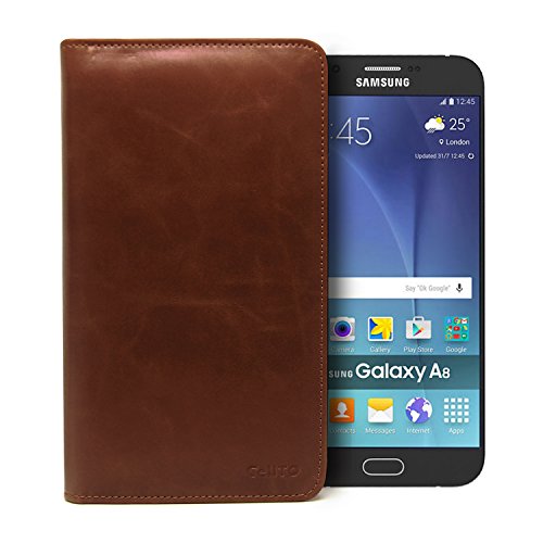 Galaxy A8 Case, Cellto PU Leather Wallet Cover with Sliding Camera [Adhesive] Function Flip Cover for Samsung Galaxy A8 - Dark Brown w/Brown Interior