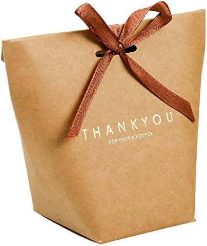 vLoveLife 12pcs Kraft Party Gift Bags with Ribbon, Thank You for Your Kindness Kraft Paper Favor Candy Bags for Party Favours Boxes Supply, 6.5'' x 5.3'' x 3.1'' - Brown